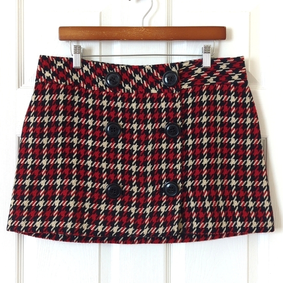 Express Y2K Vintage Houndstooth Double Breasted Low Waisted Mini Skirt Red 12 - Picture 1 of 10